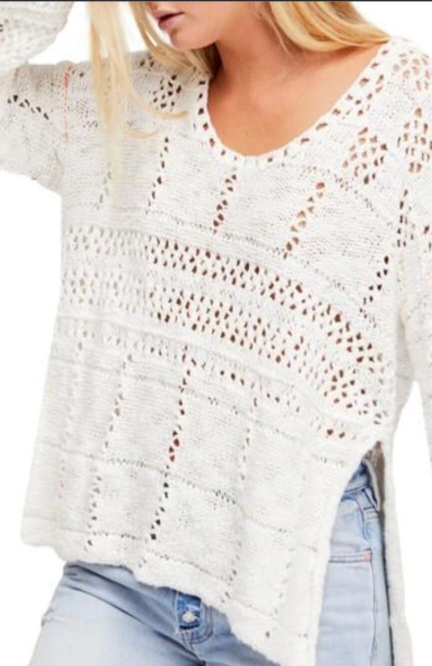 FREE PEOPLE Flower Child Off White Sweater Open Knit Scoop Neck Pullover X-Small